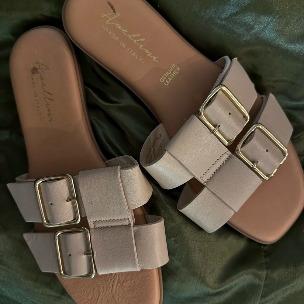 Cream Slide Sandals with Silver Buckles